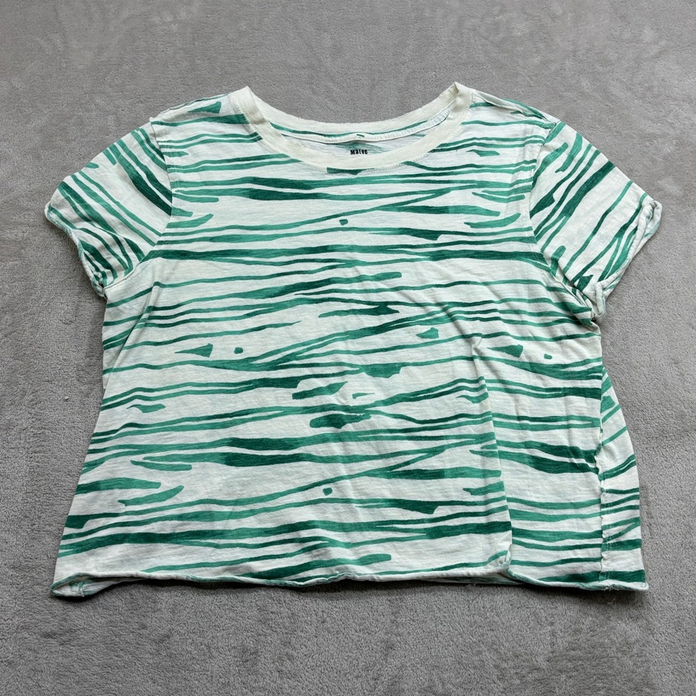Maeve T-Shirt Women's L Green Abstract Stripe Slub Knit Raw Hem Tee Boho Coastal